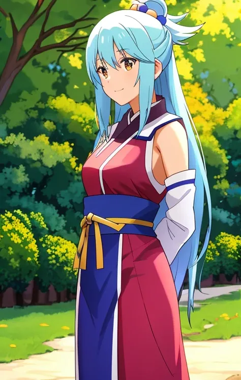 asuna, obra maestra, Mejor calidad, detallado, (1 chica), Solo, detallado golden eyes, pelo largo, de pie, cerca del espectador, (detallado kimono), sonrisa ligera, pechos medianos,  (arms behind the back), agua, Atardecer, (adorno para el pelo), (sakura b...