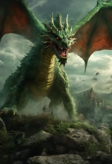 green giant Dragon face to face a hero with light saber，Ferocious，gargantuan，fhe eyes glow red，Glow effects，surrounded by cloud，ancient ruin, tomb