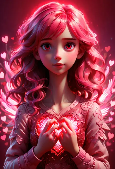 a girl, heart hands, red, pink, bright light, enhance, intricate, (best quality, masterpiece, Representative work, official art, Professional, 8k)