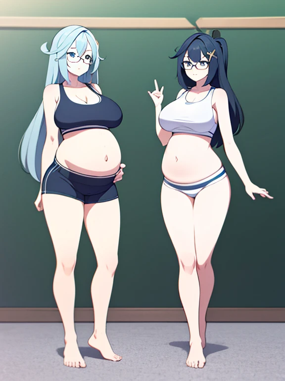 full body, standing, barefoot, thicc, uncovered belly belly, very big breasts, pregnant, long hair, sports bra, very thight shorts, glasses