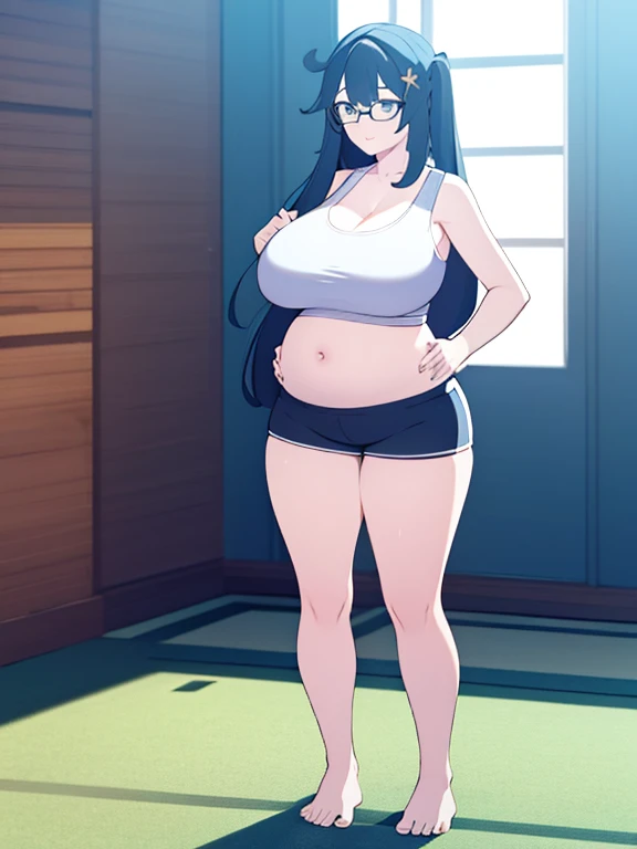 full body, standing, barefoot, thicc, uncovered belly belly, very big breasts, pregnant, long hair, sports bra, very thight shorts, glasses