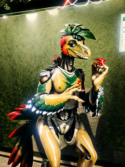 Ultra high resolution, best quality, masterpiece, mirror reflection,  (half transformation), young male human feathered deinonychus mascot girl animatronic fursuit hybridization metamorphosis, in dark abandoned unlit bathroom, (part human:1.6) (part feral:...