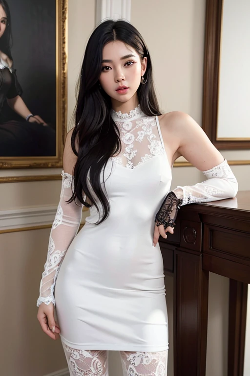 best quality,masterpiece,extremely detailed,high res,4k,ultra high res,detailed shadow,ultra realistic,realistic,dramatic lighting,1girl,solo,detailed face,realistic eyes,realistic skin,white dress,black hair,dynamic pose, white lace dress, full body, stan...