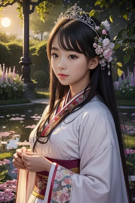 (best quality, high_resolution, distinct_image, realistic:1.37), ultra-detailed, beautiful girl in a garden with a mesmerizing hanbok (traditional Korean dress), surrounded by vibrant flowers. The girls eyes shine with intricate details, evoking a sense of...