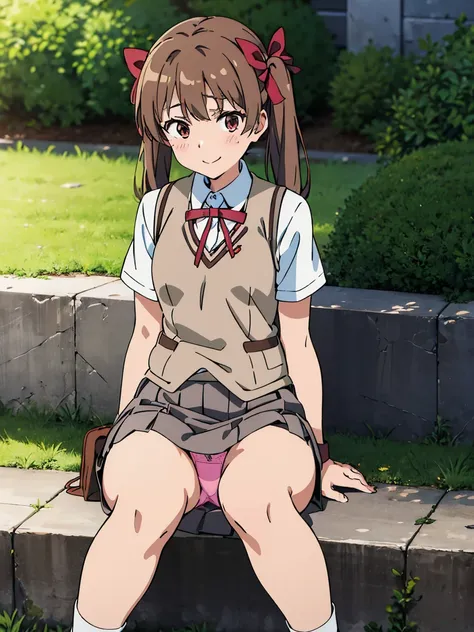 ((highest quality, 8K, A Certain Science Super Electromagnetic Cannon: 1.3, RAW photo)), sharp focus 1.5,woman,brown hair twintails,16-year-old high school student,Slender((pink panties)),(((brown vest and gray miniskirt)))((Kuroko Shirai))(((red ribbon)))...