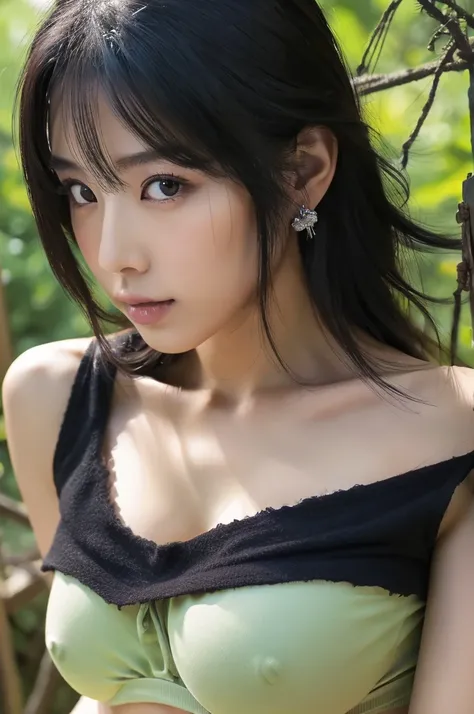 (top-quality,​masterpiece),Japan model posing for camera,30-years old,Bewitching look,A detailed eye,Detailed nose,Detailed lips,Painted on the waist,huge tit,a wet body,Black tank top,Navel Ejection,abdominals,Toned waist,