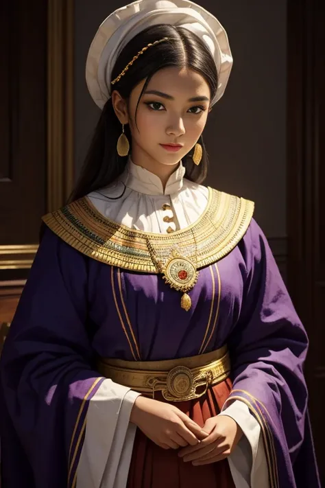 dressed in traditional clothing, confident expression, sharp facial features, minimalistic lighting, vibrant colors, contrasting shadows, fine details, classic painting style.