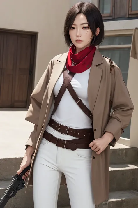 Master Parts, Best Quality, Haute, hmmikasa, Short hair, Black eyes, Underwear for the lower body, Swimwear Scarf, emblem, Belt bag, Thigh strap, red scarf, White pants, Brown jacket, shortsleeves, holding gun, The sword, outside of house