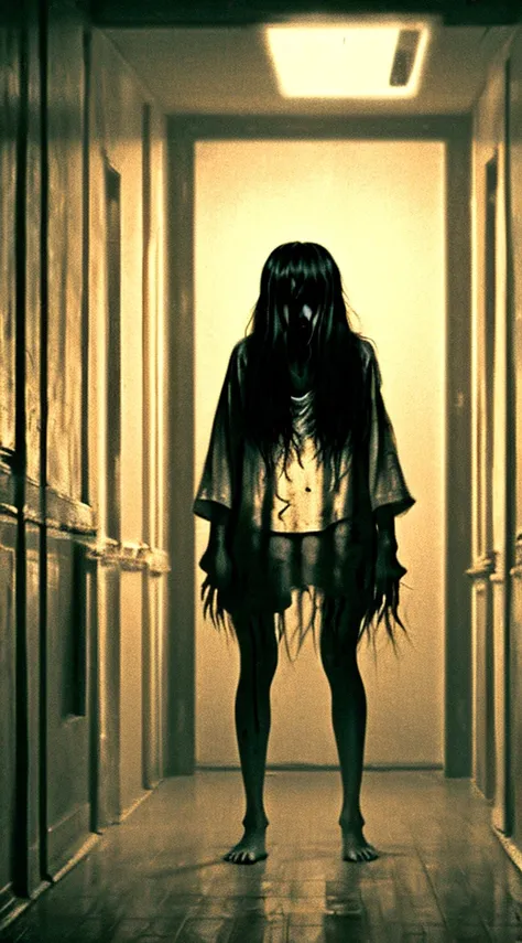 Sadako, Creepypasta monster in dark warehouse nightmare liminal space, dynamic lighting, realistic, Trending at Art Station, stunning visuals, foggy, creative, cinematic, Super detailed, atmosphere, environmental lighting, scary art, poor quality, heavy fi...