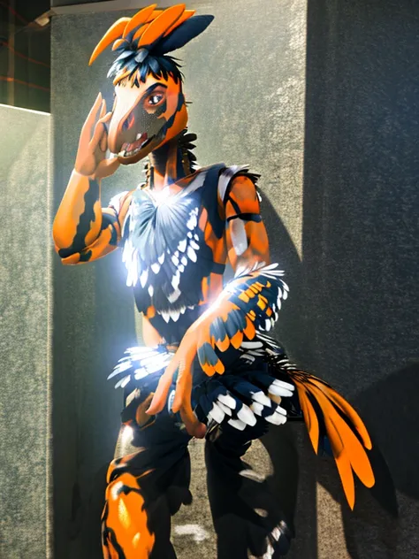 Ultra high resolution, best quality, masterpiece, mirror reflection,  (half transformation), young male human feathered deinonychus animatronic mascot girl fursuit hybridization metamorphosis, in dark abandoned unlit bathroom, (part human:1.6) (part feral:...