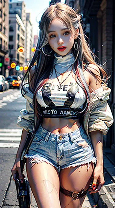 beautiful girl college student，masterpiece，light makeup，red lips，silver hair，messy long hair，street background，beautiful，grace。s...