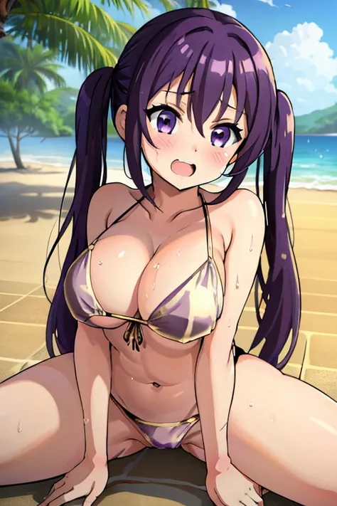 ((Highest quality)), (masterpiece), purple hair, long hair, twin tails, Purple eyes, bangs, blush, hair between eyebrows, laugh with open mouth, large breasts, (wet), (gold bikini : 1.5), (spread legs, sitthing), beach, blue sky, sun