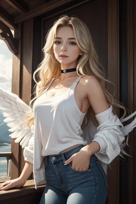 a girl with beautiful detailed blonde hair and wavy long hair, her grey eyes sparkle with vibrant life. She is wearing a white jacket which contrasts against her radiant white feathered wings, giving her an ethereal glow. The girl stands outdoors, surround...