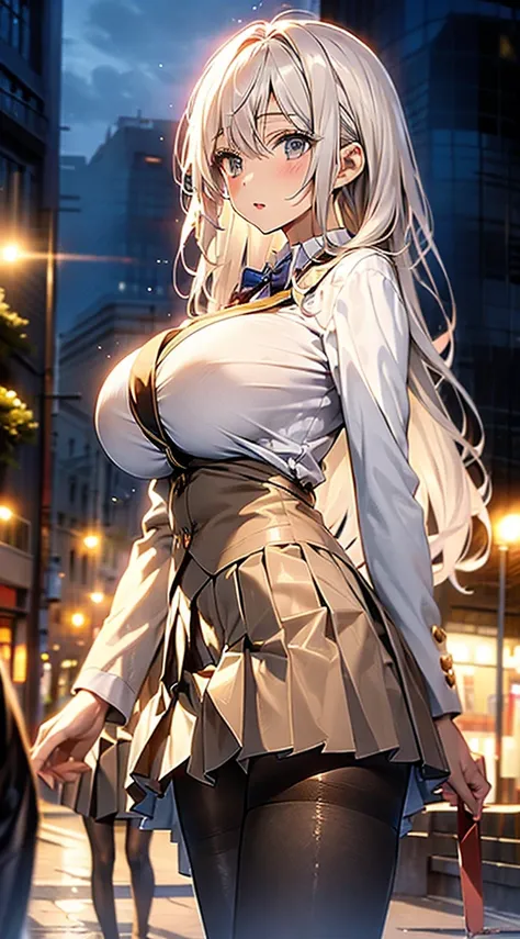 Anime girl cosplay、((side Shot:1.3)), ultra-detailliert, Beautiful, masterpiece, Best Quality, detailed beautiful round eyes, beautiful and detailed face, a blond、long hair, (Huge breasts:1.5), Young Woman, ((軽蔑する))、((, blazer))、(((pleated skirt))), Perfec...