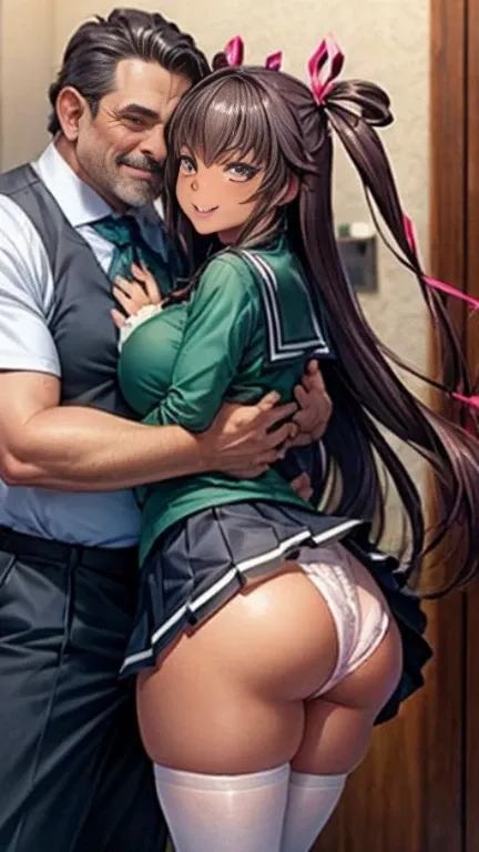 highest quality、A middle-aged man and a girl，men and women、A girl and a middle-aged man are hugging each other、A girl and a middle-aged man are kissing、full body figure、very big boobs，big ，perfect 5-fingered hands、Mizuki Yukikaze、、hy face、perfect thing、big...