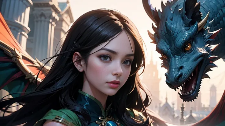 Best AI Image Generation Creator，masterpiece，highest quality，good anatomy，beautiful woman，detailed eyes，glossy lips，Close-up portrait of a woman in a green dress with a dragon, queen of dragons, holding a dragon in hand、詳細なfantasy art, Ruan Jia and Altoger...