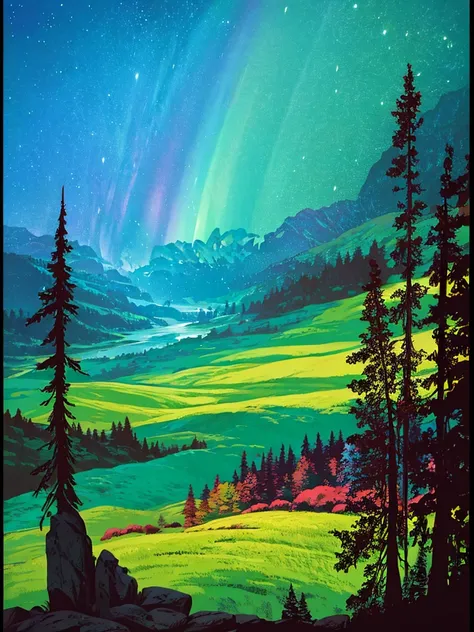 A view of a great lake with massive mountains populated with trees in the background with a multicolored aurora borealis shinning above it all