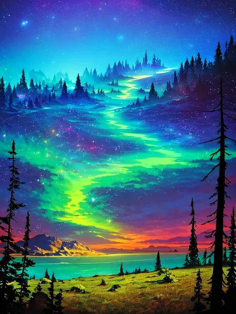 A view of a great lake with massive mountains populated with trees in the background with a multicolored aurora borealis shinning above it all