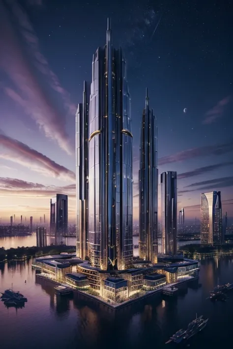 ((master piece)), best quality, (8k, best quality, masterpiece:1.2), ultra-detailed, illustration, big fantasy city, Science fiction, ethereal city, Floating city, many planets in the skies, clouds around, celestial architecture, purple energy scarring aro...