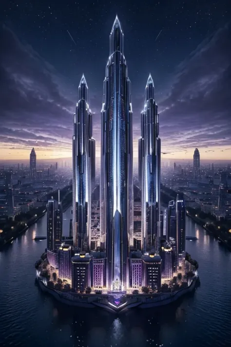 ((master piece)), best quality, (8k, best quality, masterpiece:1.2), ultra-detailed, illustration, big fantasy city, Science fiction, ethereal city, Floating city, many planets in the skies, clouds around, celestial architecture, purple energy scarring aro...