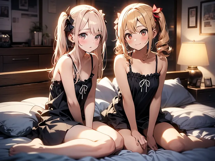 In 8K、highest quality、masterpiece、super detailed、ultra high resolution、((1 person))、with a girl、blonde、twin tails、Medium chest、(((on the bed)))、red face、Camisole-wearing、bare shoulders