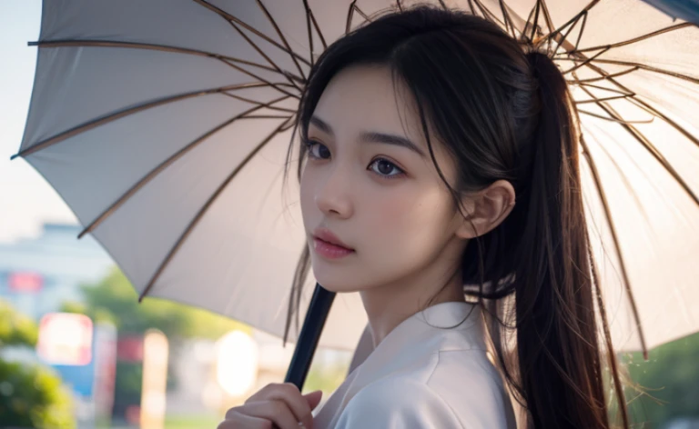 best quality, 8k, Casual dress,street, Highly detailed facial and skin textures, delicate eyes, Just one person，Chinese girl，Umbrella in hand，The costumes are detailed and complete，slim body，Natural expressions，Soft light and shadow，The proportions of the ...