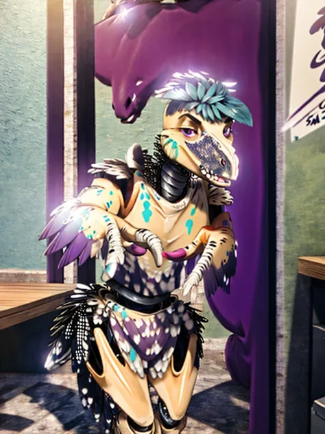 Ultra high resolution, best quality, masterpiece, mirror reflection,  (half transformation), young male human feathered deinonychus animatronic mascot girl fursuit hybridization metamorphosis, in dark abandoned unlit bathroom, (part human:1.6) (part feral:...