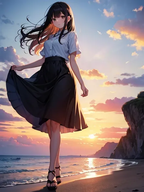 A woman watching the sunrise over the islands, the dazzling Silk Road, long skirt, summer clothes, black hair, the most magical