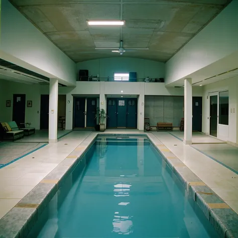 Liminal space, huge pool, blue water, floor tile everywhere, the backrooms, poolrooms, stairs, camcorder footage, early 2000’s filter