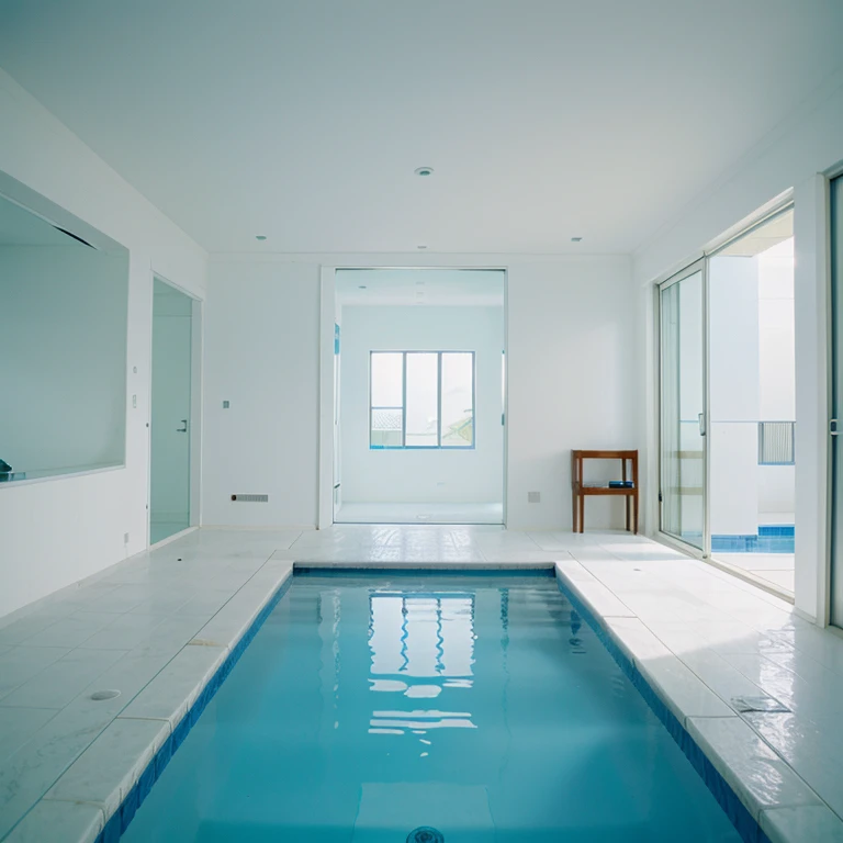 Liminal space, many pools, blue water, white floor tile everywhere, the backrooms, poolrooms, stairs, 90’s camcorder effect, white everywhere, no furniture, empty space, no windows, nonsensical architecture