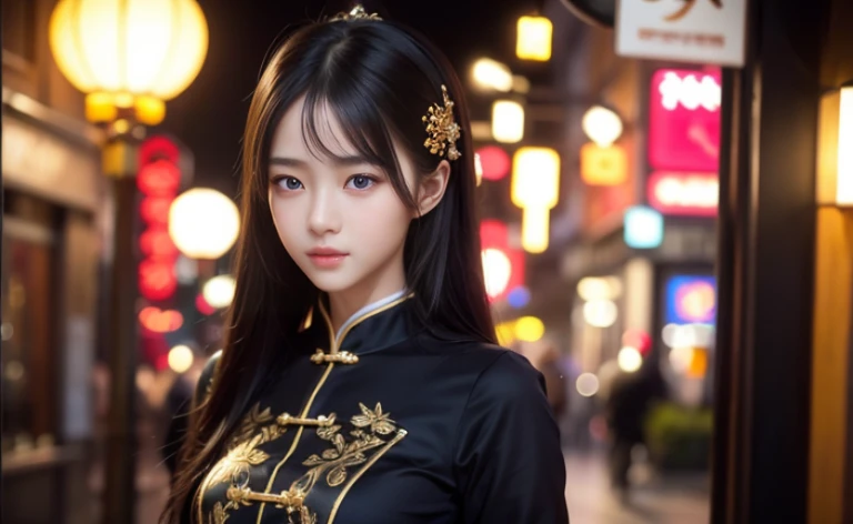 best quality, 8k, Beautiful girl on the street，Traditional beauty，Young girl，Chinese skirt，Lace top black，Casual skirt, Highly detailed facial and skin textures, delicate eyes, Just one person，Chinese girl，The costumes are detailed and complete，slim body，N...