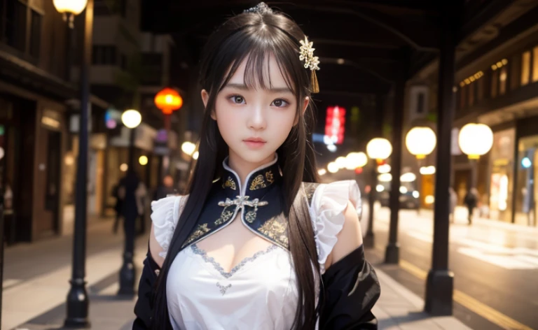 best quality, 8k, Beautiful girl on the street，Traditional beauty，Young girl，Chinese skirt，Lace top black，Casual skirt, Highly detailed facial and skin textures, delicate eyes, Just one person，Chinese girl，The costumes are detailed and complete，slim body，N...