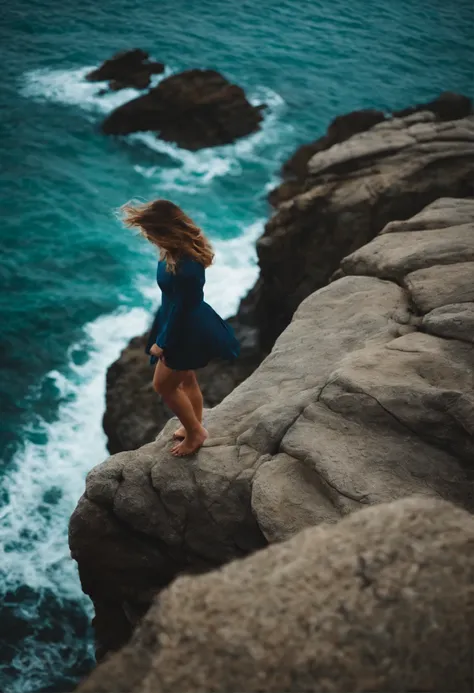 Rock, bounce, precipice, young woman, sea