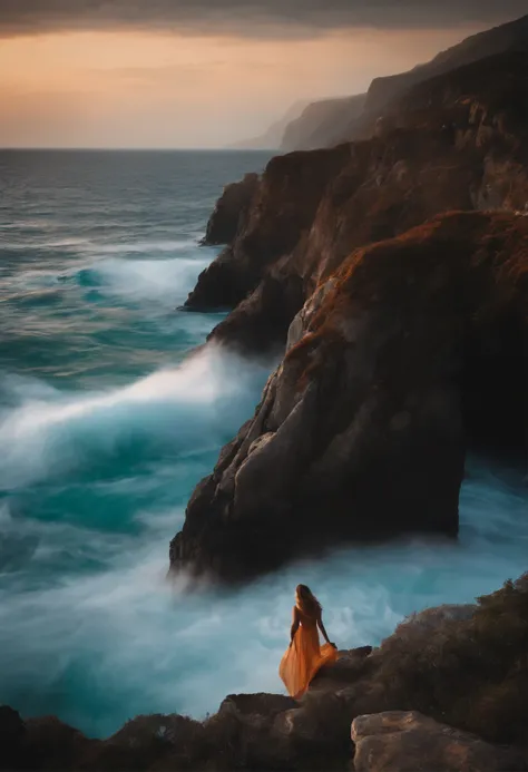 Rock, bounce, precipice, young woman, sea