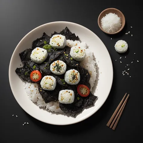 onigiri, 
BREAK 
Black (nori:dried seaweed) wrapped around rice in a triangular shape, 
on the dish