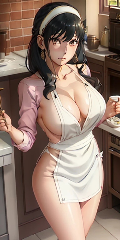 1girl, solo, black hair, butterfly hair ornament, (naked:1.3), (white apron), large breasts, cleavage, thighs, cafe background, (blushing:1.3),brown eyes, , standing, realistic eyes, perfect shaped beautiful body, yor_briar/ヨル・ブライア/요르브라이어 (Spy × Family)