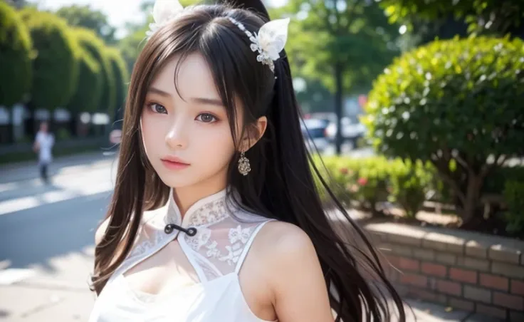 best quality, 8k, Beautiful girl on the street，Traditional beauty，Young girl，Chinese skirt，Lace top white，Casual skirt, Highly detailed facial and skin textures, delicate eyes, Just one person，Chinese girl，The costumes are detailed and complete，slim body，N...