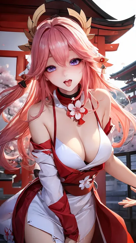 (Masterpiece, Excellent, 1girl, solo, complex details, color difference), realism, ((medium breath)), off-the-shoulders, big breasts, sexy, Yae Miko, long pink hair, red headdress, red highlight, hair above one eye, purple eyes, earrings, sharp eyes, perfe...