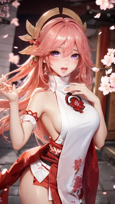 (Masterpiece, Excellent, 1girl, solo, complex details, color difference), realism, ((medium breath)), off-the-shoulders, big breasts, sexy, Yae Miko, long pink hair, red headdress, red highlight, hair above one eye, purple eyes, earrings, sharp eyes, perfe...