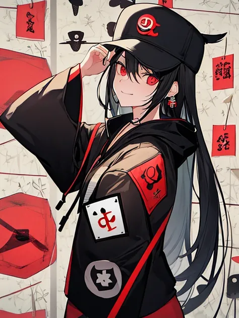 ((8k Sharp)) A girl, Long black Haired, Black Hat Cap, Black Earring, Eyes Crimson Vertical, Black Aviator Glass, Wearing Oversized Hoodie Kanji logo Patter design Morden Aesthetic, Cargos Six Pocket, Dog Tag Necklace, Background,(Kanji pattern with Aesthe...