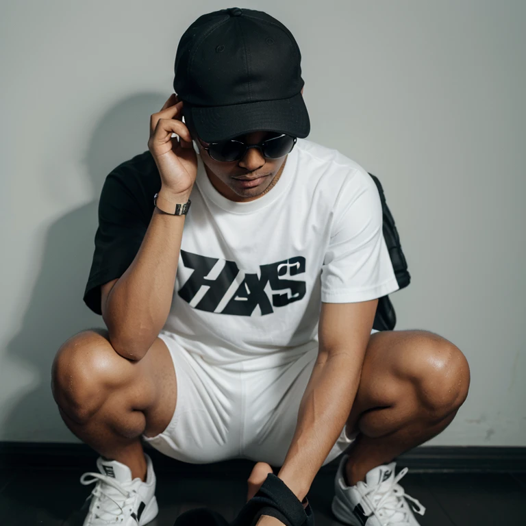 sneakers, a black cricket cap, and sunglasses, he looks ahead. The background features "Sumit" in big and capital white fonts on the black wall. There should not be his shado wings to make it appear there are the is an angel X