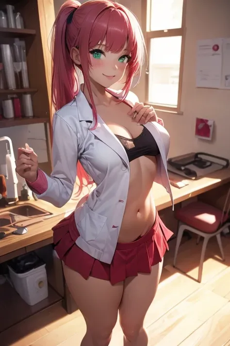 beautiful pinkish-red hair, green eyes, tanned, athletic, small breasts, Best Quality, Detailed, Perfect face, Beautiful face, 1girl, Best Quality, Highly detailed , sadistic smile, (frombelow: 1.3), looking back, cuddling, skirt, ass, cock buldge under cl...