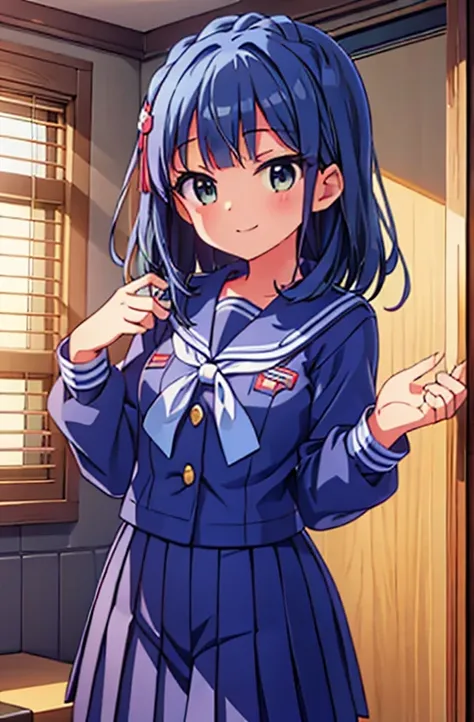 middle School girls, 15 year old girl, I&#39;m holding Japan on my chest, sailor suit, navy pleated skirt, small chest, inside the office, frontal shot , From the middle, looking at the viewer, smile