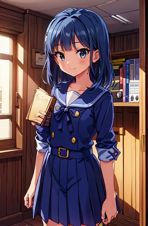 middle School girls, 15 year old girl,  I&#39;m holding a book to my chest, sailor suit, navy pleated skirt,  (small chest:1.2), inside the office, frontal shot , From the middle, looking at the viewer, smile