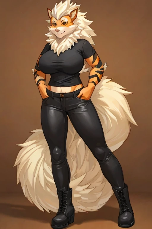 ((Arcanine)), anthropomorphic, big breasts, big ass, pokemorph, (((1girl))), (((black shirt))), (tan pants), (black heeled boots), full body, cute and sexy, orange skin, long legs