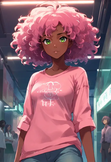 Very very dark skin woman,  pink very very long curly Afro hair,  GREEN big  eyes, dominant smirk, tight clothes,  further away perspective to show her whole body, make the nipple hard so that you can see them through the shirt but they are still covered,