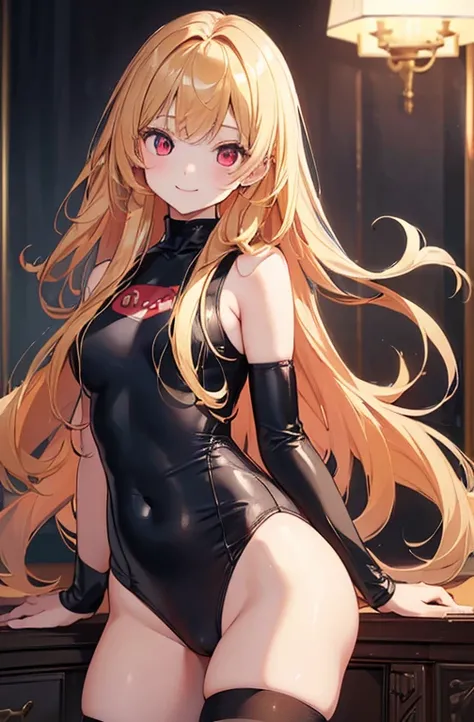 ((highest quality、８K、High resolution、masterpiece、Super detailed))、一人のyoung girl、（young girl）、Full body photo of the front、((standing))、looking at the camera、golden hair、red eyes、long hair、Big eyes、smile、school swimsuit、vampire、(black stockings)