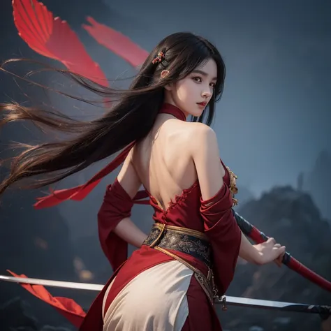 xiu xian novel，girl 17 years old，chinese woman，the body is curvy，front and back facing end，sword in hand，long hair fluttering，di...