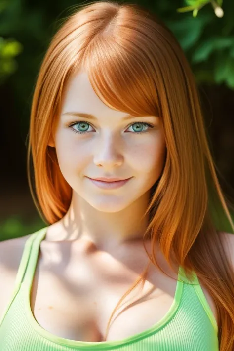 ultra realistic image, a ginger  teenager girl, cute face, green eyes, with a little freckles, doing yoga, a top, focus on his groint.