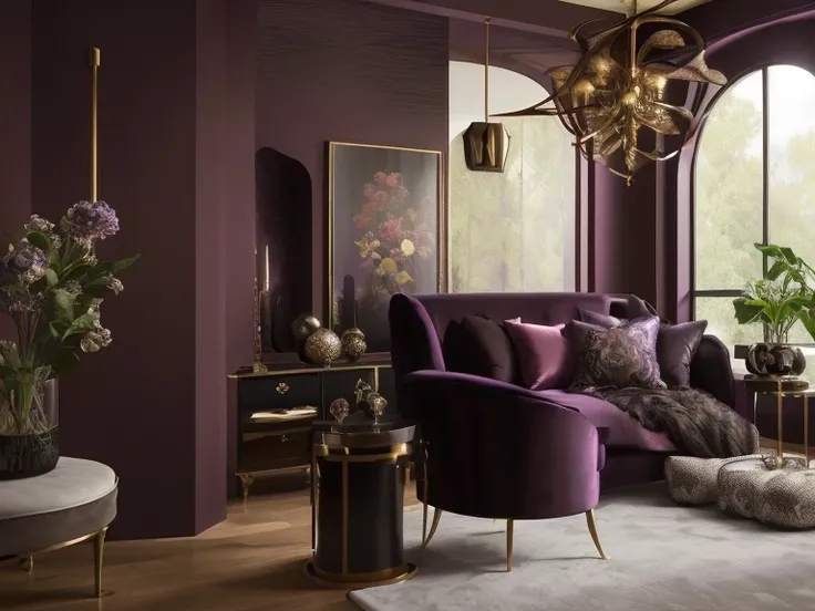 purple living room with a purple couch and a large window, rich colour scheme, purple and gold color scheme, bold moody colors, luxury furniture, maximalist sculpted design, plum color scheme, furniture and decor, extremely opulent, brightly lit purple roo...